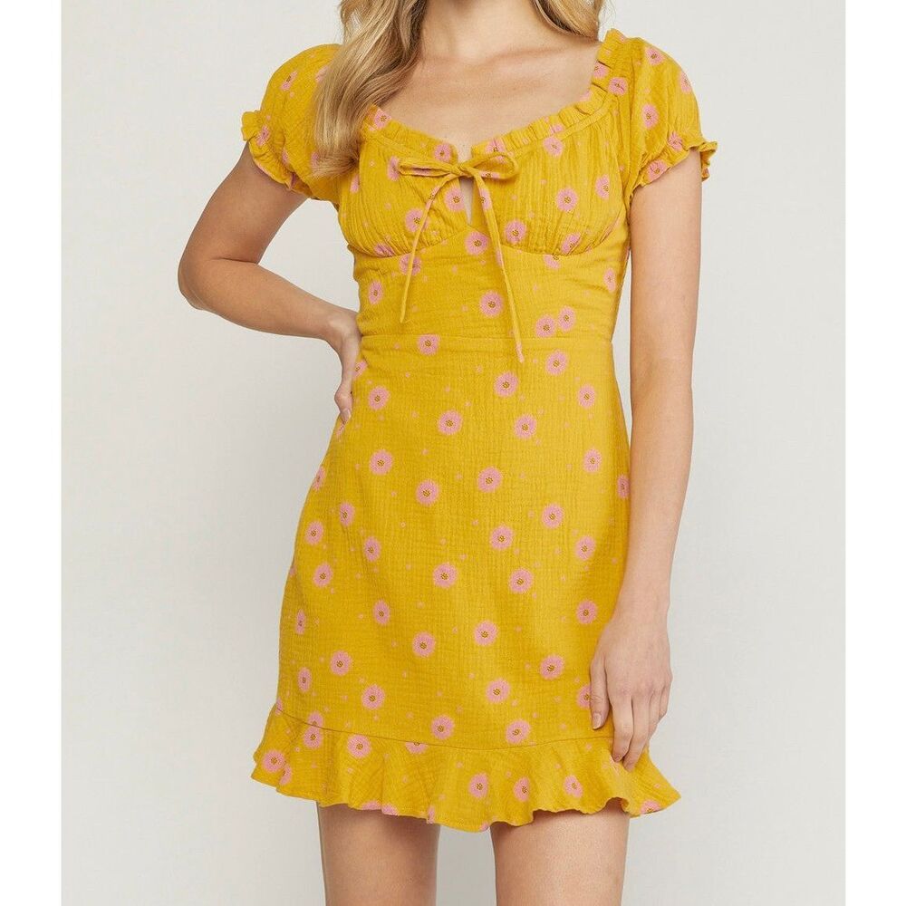 Entro Women’s Mustard & Pink Short Sleeve Sweetheart Dress Sz Small NEW